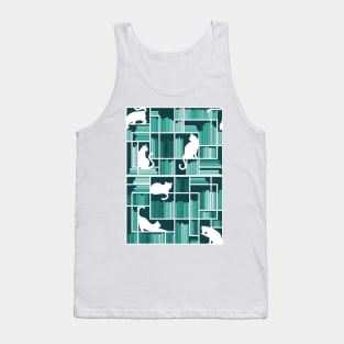 Rainbow bookshelf // monochromatic mint white shelf and library cats Tank Top